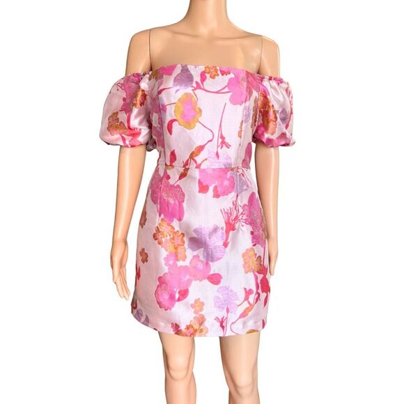 Lulus So Stunning Light Pink Floral Jacquard Puff Sleeve Mini Dress - Picture 2 of 6